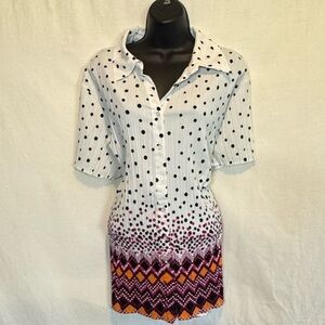 F-14 Fred David PLUS SIZE 1X White & Black Dot Short Sleeve Button Down Blouse